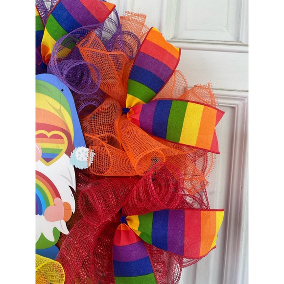 Everyone is Welcome Here Rainbow Gnome Pride Flag LGBTQ Sign Mesh Ribbon Wreath - Picture 3 of 9